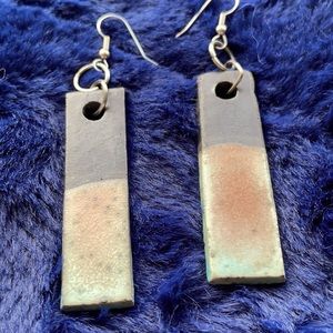 Rectangular Ceramic Drop Earrings in Slate, Aqua & Copper Colours